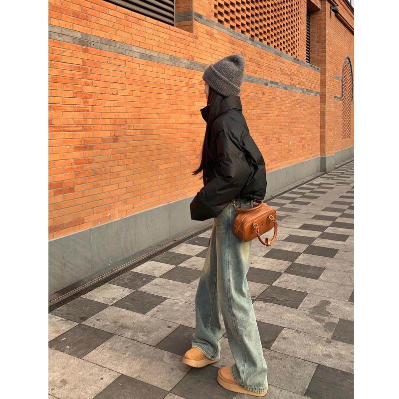 美式高街牛仔裤女春秋冬加绒2025新款小个子宽松直筒窄版阔腿裤子