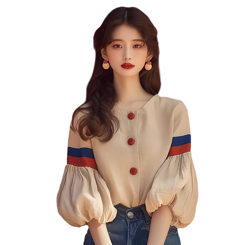 杏色条纹拼接灯笼袖长袖衬衫衬衣独特超好看上衣2024早秋季新款女