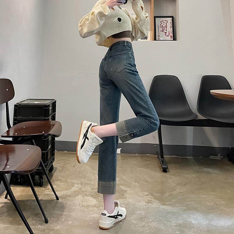 复古蓝烟管牛仔裤女春秋高腰修身弹力窄版八九分直筒小个子法棍裤