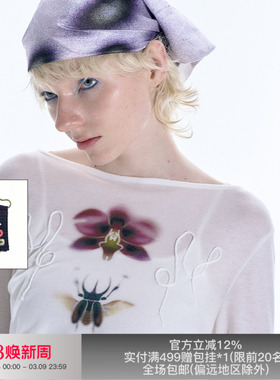 APRIORITY先验甲虫与兰花露肩T恤美丽奴羊毛设计感长袖罩衫上衣夏