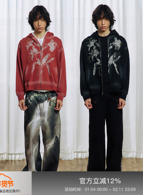 APRIORITY先验 丽珊德拉百合花蕾丝镶嵌酒红色喷色做旧开衫卫衣