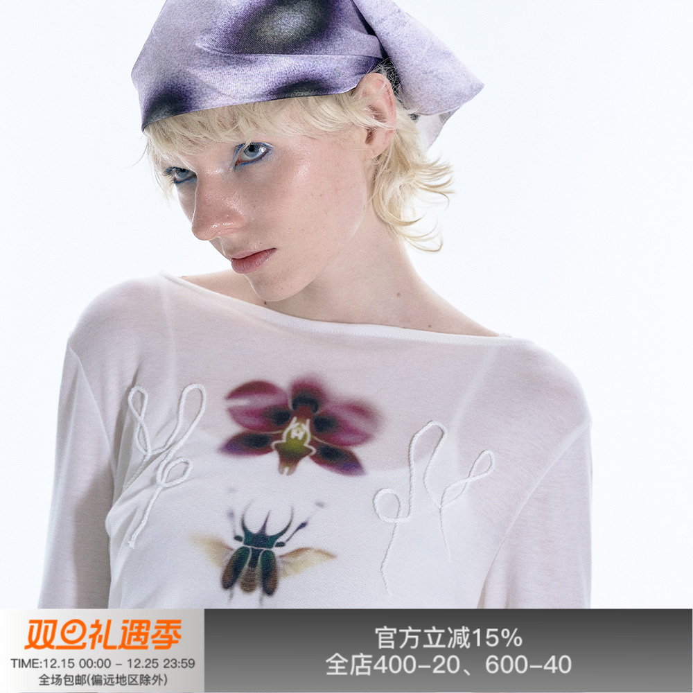 APRIORITY先验甲虫与兰花露肩T恤美丽奴羊毛设计感长袖罩衫上衣夏