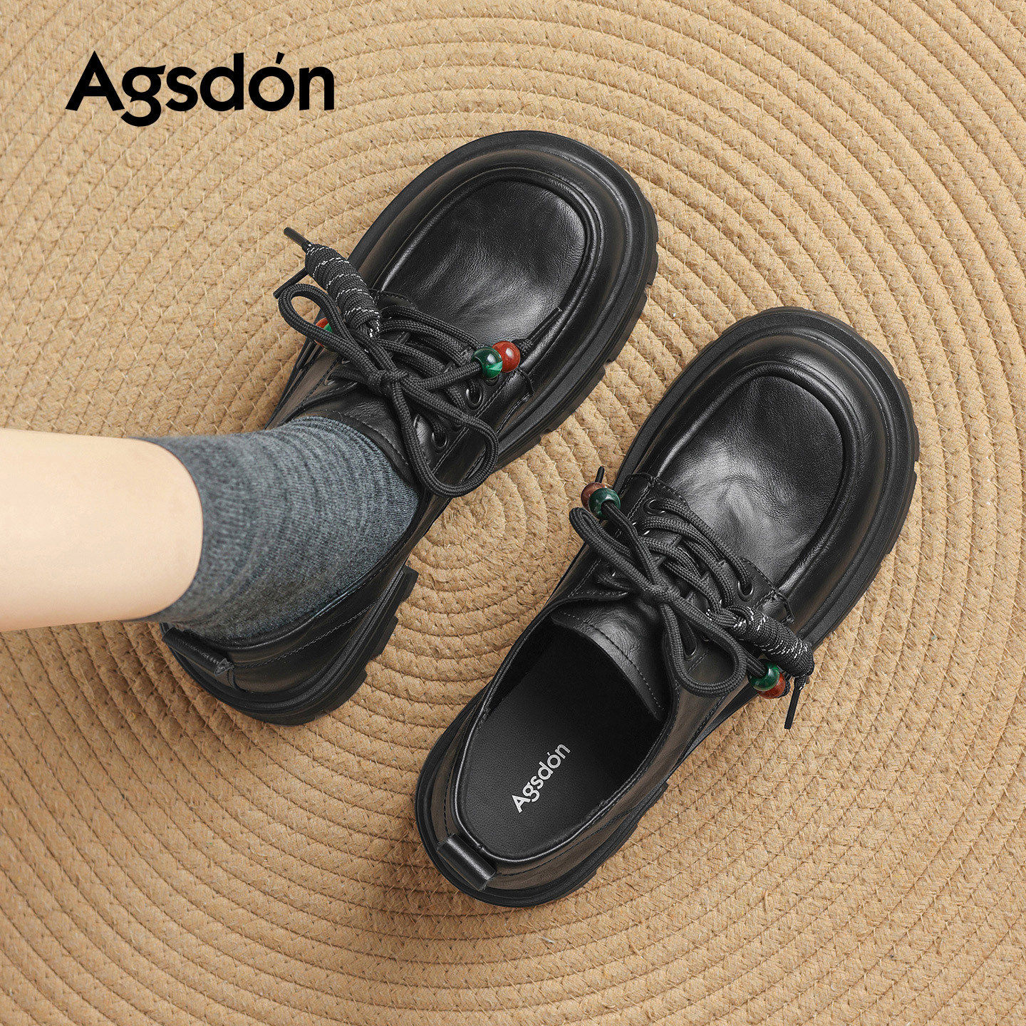 奥古狮登厚底加绒乐福鞋女2026新款冬季粗跟英伦风小皮鞋系带棉鞋