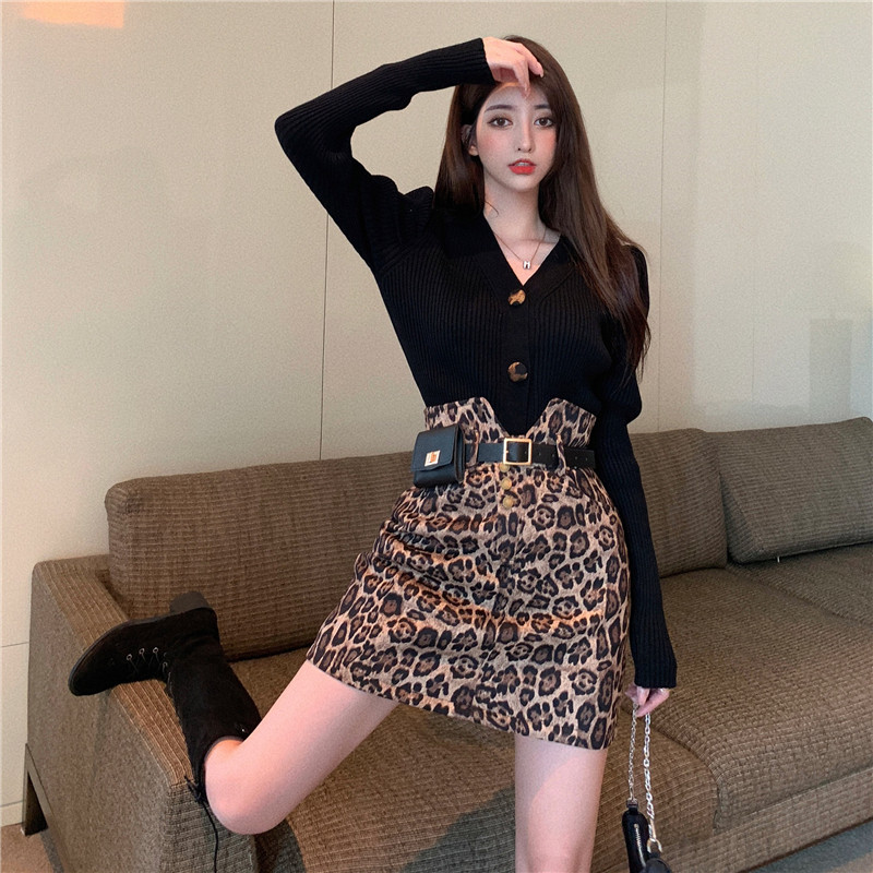 New Korean version of retro leopard print high waist skirt with waist bag