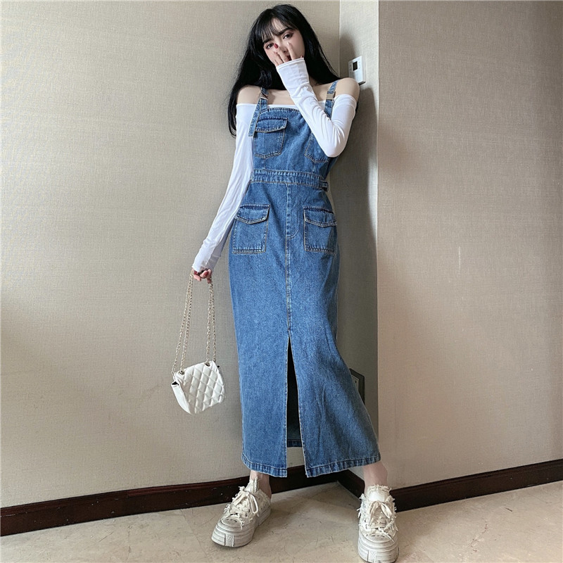 Real shot real price 2020 new fashion Korean fashion retro waist slit sleeve square neck denim skirt with strap dress