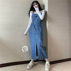 Real shot real price 2020 new fashion Korean fashion retro waist slit sleeve square neck denim skirt with strap dress