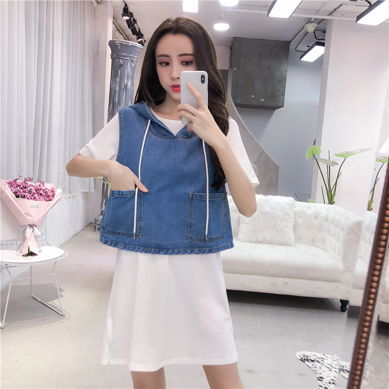 Real photo, real price, net red, new Korean version, all-around jeans, two piece hooded, medium long Fairy Dress