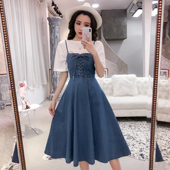 Real price 2021 new French retro strap denim dress super smart versatile strap dress