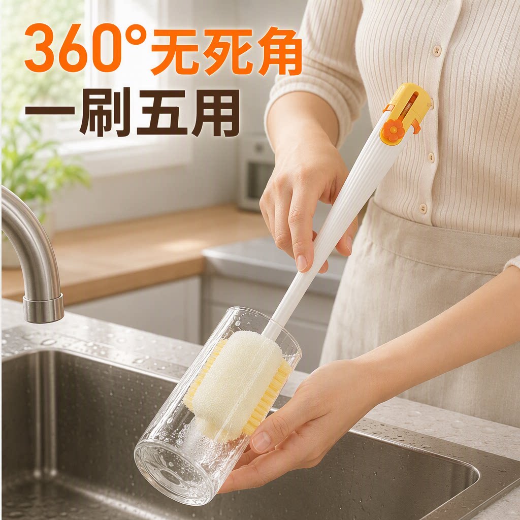 五合一杯刷水杯清洗神器长柄海绵刷奶瓶吸管刷保温杯盖缝隙刷家用