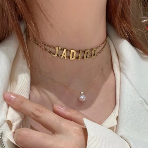 黄铜复古做旧字母双层锁骨链女