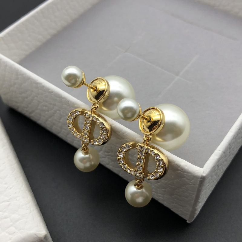 耳环双珍珠耳钉CD吊坠长款