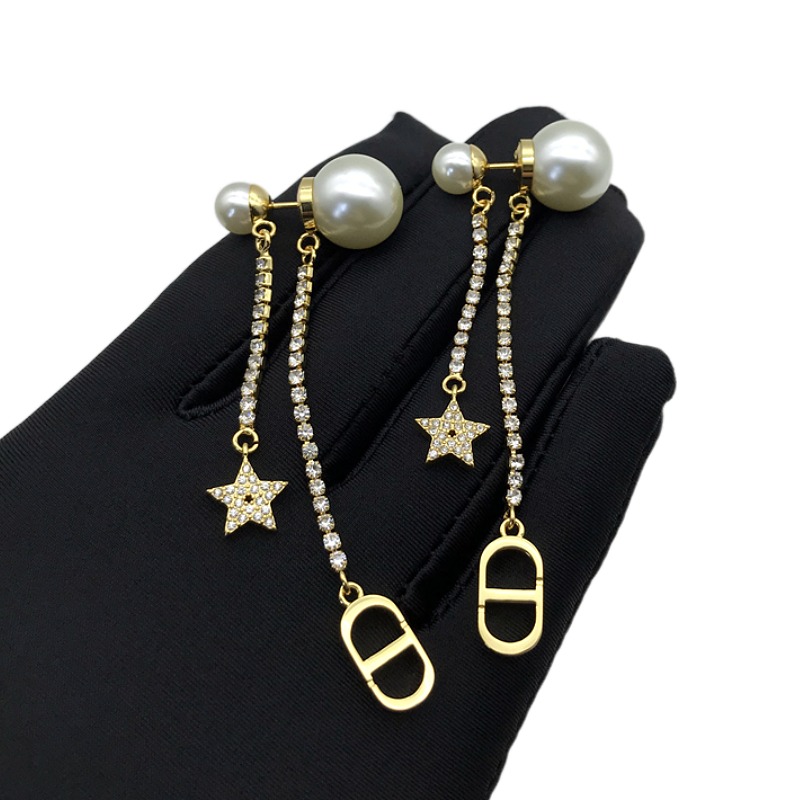 d家耳环流苏星星钻双珍珠耳钉女