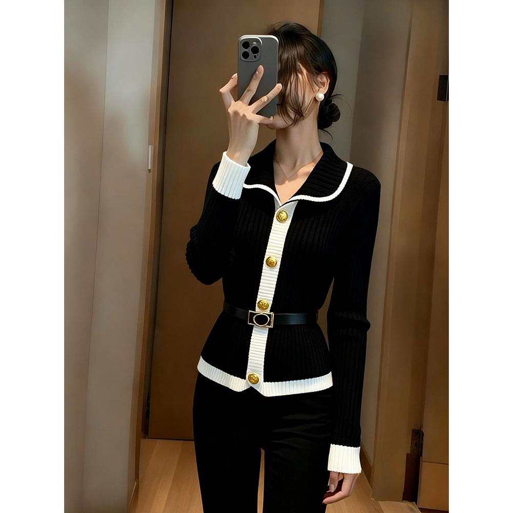 MONLOUVE专柜撤回国际大牌女装黑白拼接针织衫上衣名媛小香风掐腰