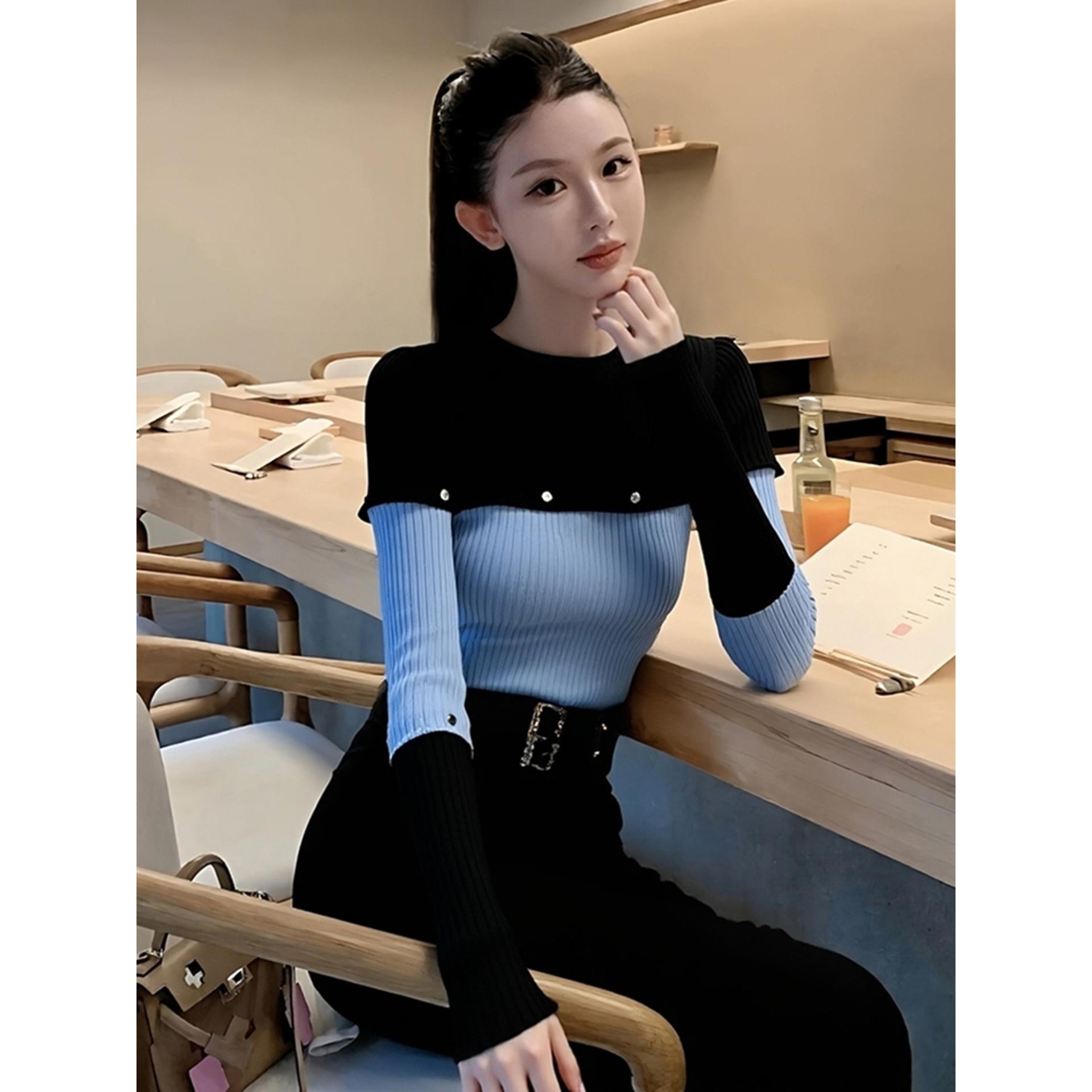 MONLOUVE专柜撤回国际大牌女装甜辣妹撞色拼接针织打底衫内搭长袖