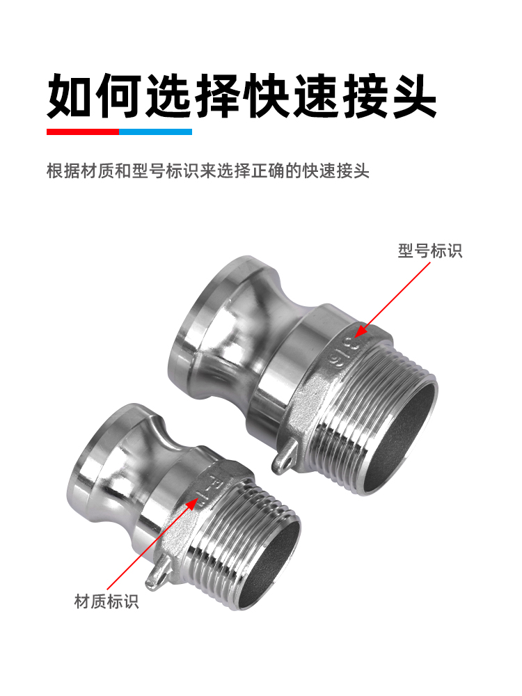 快速接头F型304不锈钢直插公头外丝水油钢丝软管接头卡扣4分-4寸