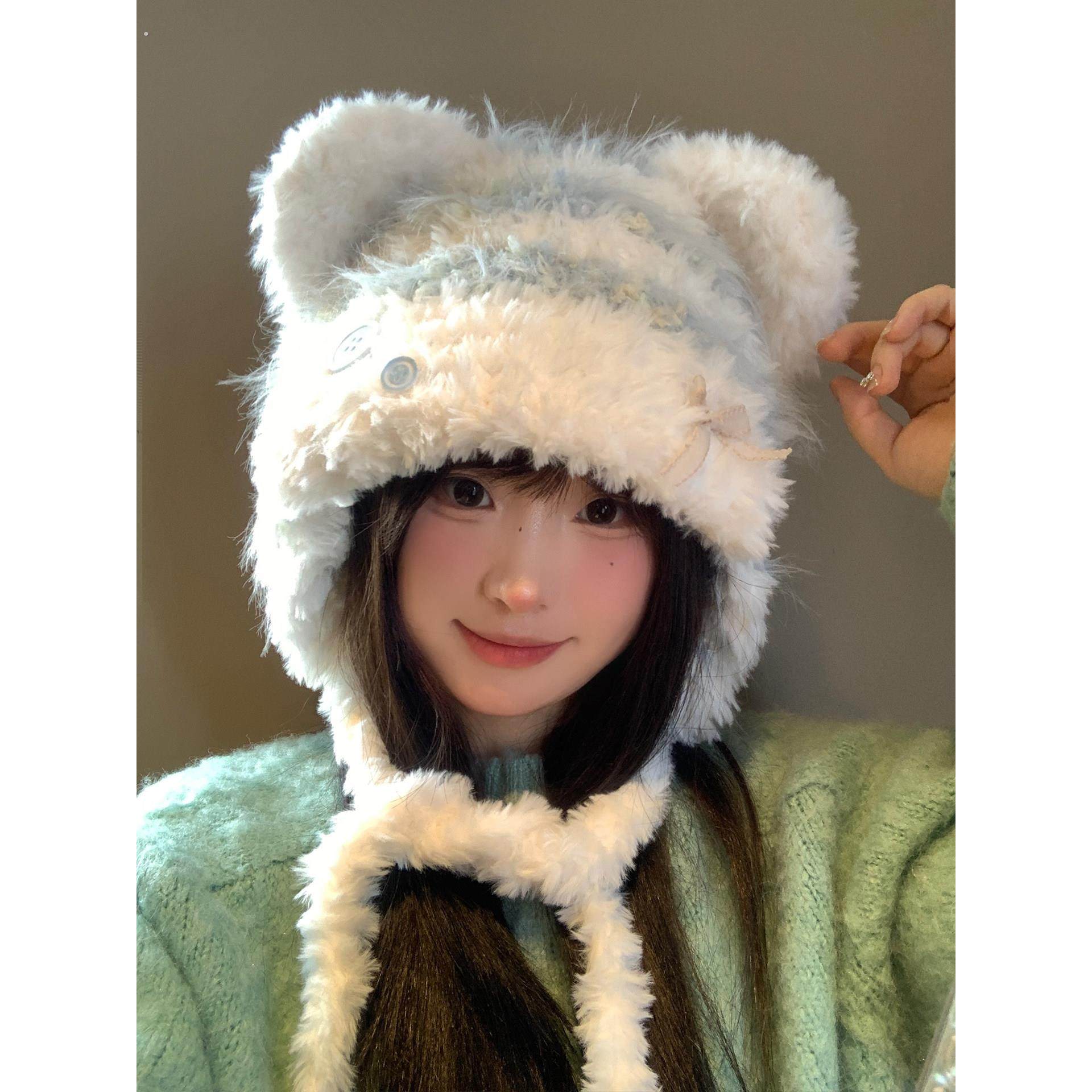 可爱猫耳朵毛绒针织帽子女秋冬季保暖加厚大头围显脸小护耳雷锋帽
