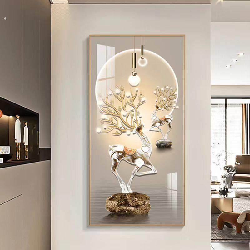 福鹿进门玄关装饰画现代轻奢走廊过道挂画寓意好入户客厅晶瓷壁画