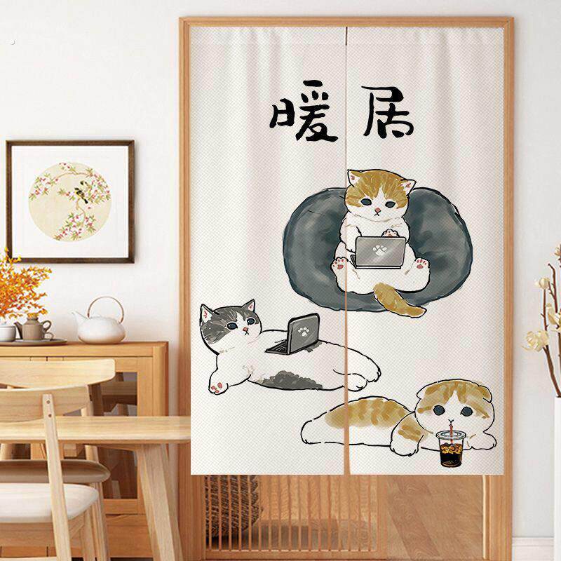 可爱猫咪门帘卧室卫生间厕所隔断帘子厨房免打孔遮挡布帘短帘挂帘
