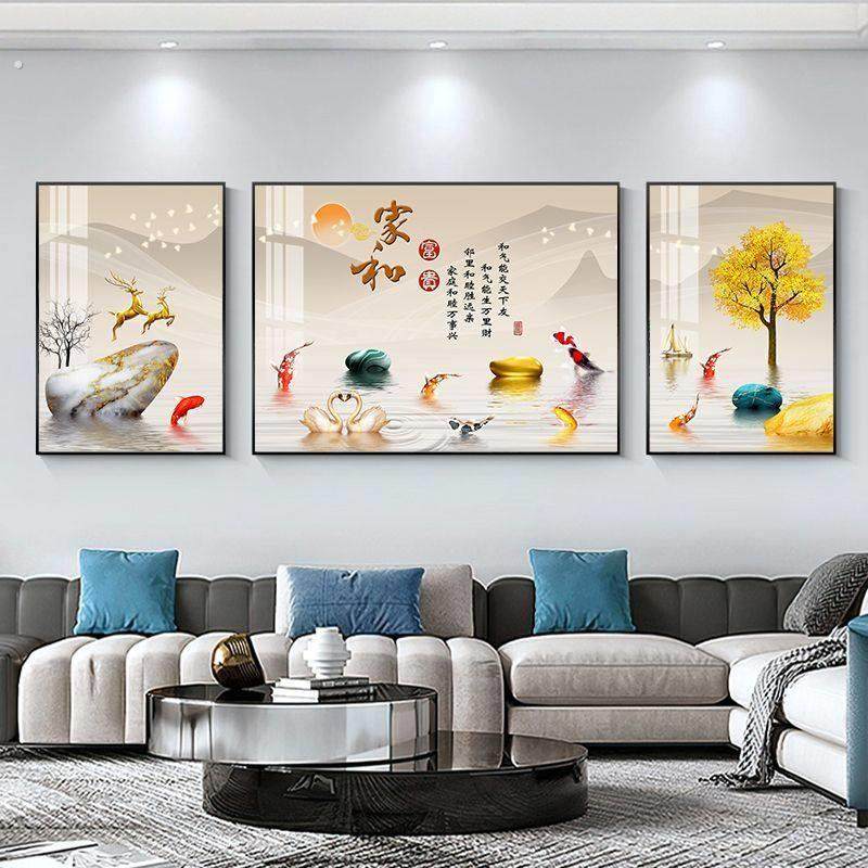 新中式客厅装饰画沙发背景墙三联大气山水画现代简约背有靠山挂画