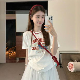 T恤宽松圆领百搭日常上衣ins 白色印花短袖 韩系休闲风2026夏季 新款