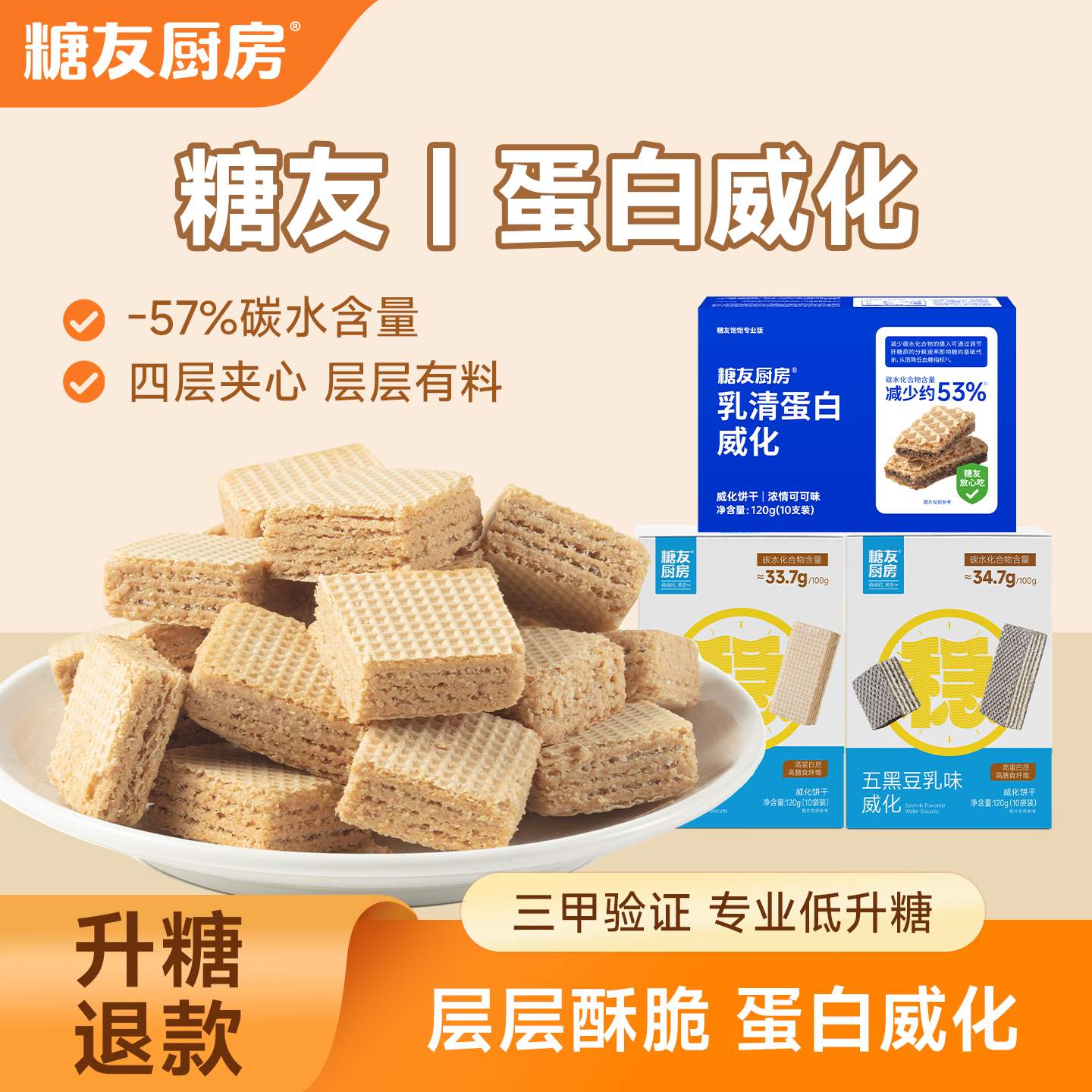 糖友饱饱夹心威化饼干控营养无糖精糖尿人代餐孕妇零食小吃饱饱腹