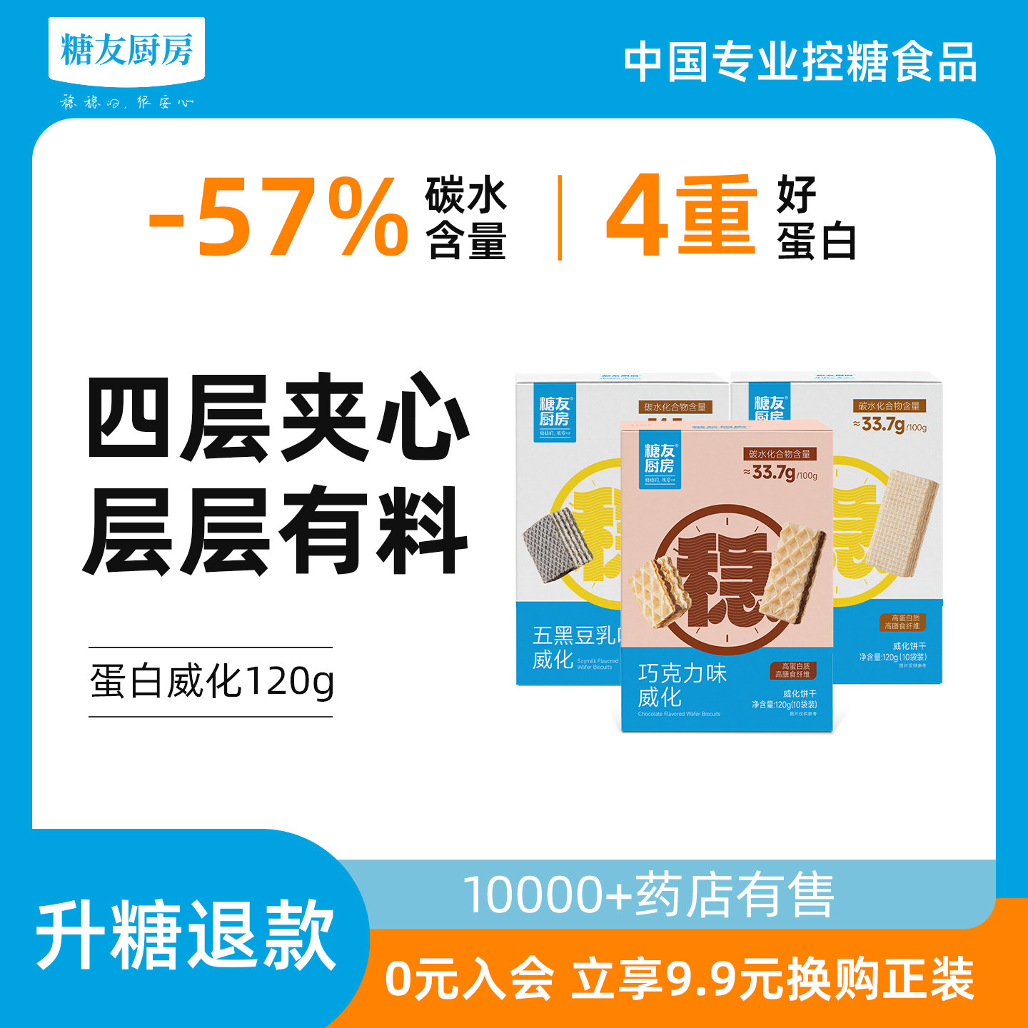 糖友饱饱夹心威化饼干控营养无糖精糖尿人代餐孕妇零食小吃饱饱腹