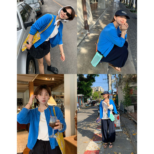 333sss 明媚的春天 蓝色绿色v领羊毛针织衫开衫女高腰短款