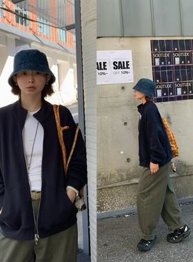 333sss 宽松显瘦藏蓝咖色简约休闲立领拉链卫衣开衫外套女秋