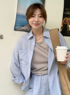 舒适高级感~100天丝~蓝色防晒轻薄宽松慵懒长袖衬衫短裤套装女