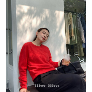 333sss 简约气质红色无缝一体机圆领套头羊毛拉毛毛衣女冬短款