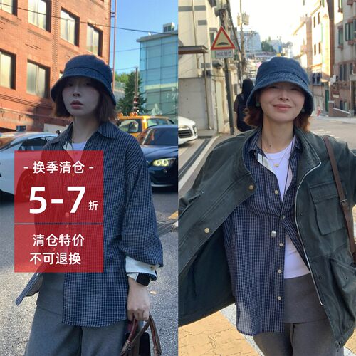 333sss叠穿好看！宽松轻薄拼色撞色格子衬衫女秋长袖衬衣