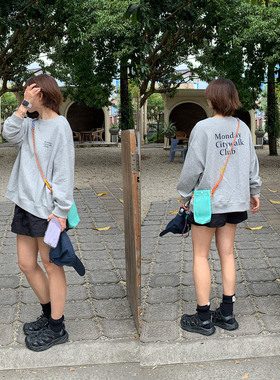 333sss 复古美式蓝色灰色休闲宽松背后字母印花卫衣女短款上衣