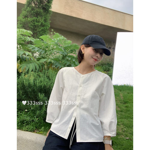 白色v领宽松七分袖上衣衬衫女夏