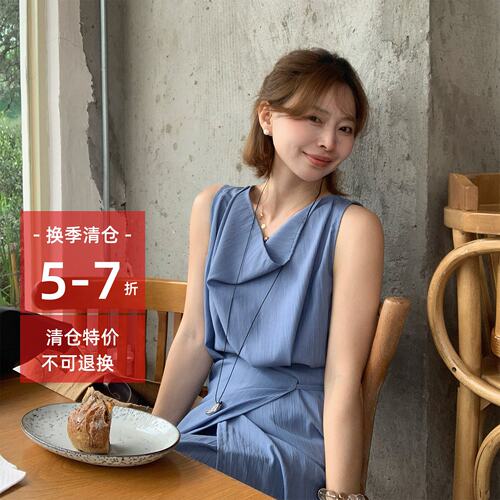 333sss太气质了叭～显瘦无袖荡领连衣裙收腰系带长裙子女夏