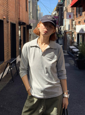 333sss 气质老钱风 黑色灰色翻领polo领长袖T恤上衣女上衣打底衫