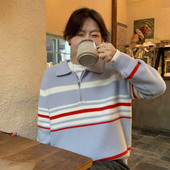 宽松套头撞色翻领条纹毛衣女短款 333sss 浅蓝色复古美式 针织上衣