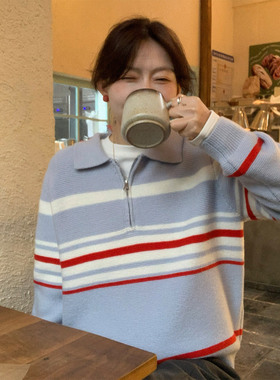 333sss~浅蓝色复古美式宽松套头撞色翻领条纹毛衣女短款针织上衣