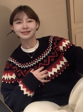 333sss 深蓝色宽松加厚圆领套头费尔岛雪花毛衣女短款上衣冬季