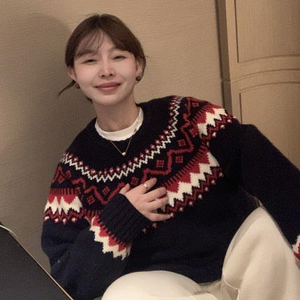 333sss 深蓝色宽松加厚圆领套头费尔岛雪花毛衣女短款上衣冬季