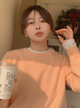 333sss 好绝的三文鱼色～温柔橘粉色圆领套头毛衣女冬短款针织衫