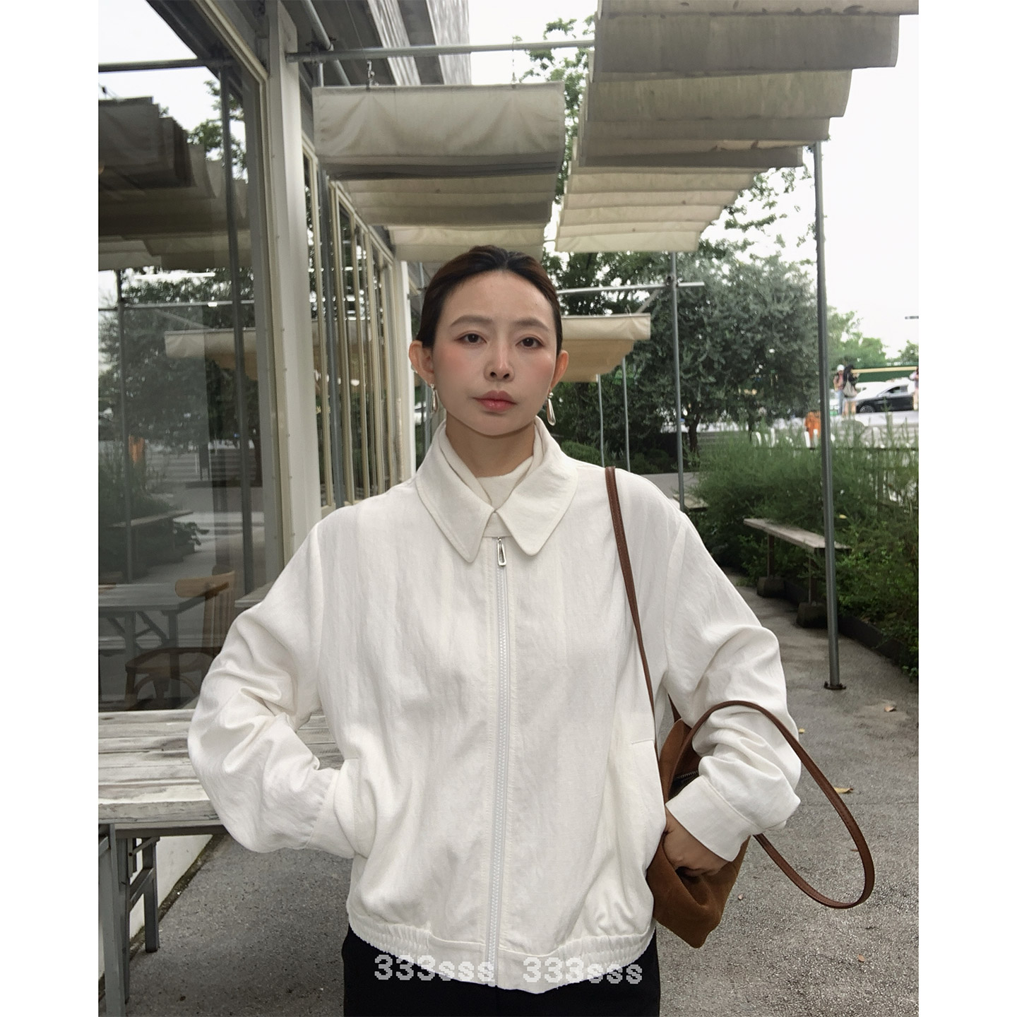 333sss 老钱风白色气质通勤宽松翻领小宽肩休闲外套夹克女秋