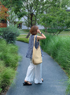 333sss 100亚麻 氧气蓝色格子无袖上衣衬衫女夏季收腰裙摆小衫