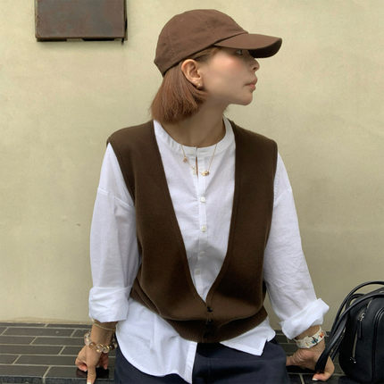 333sss 叠穿刚需 咖色毛衣背心马甲女v领显瘦无袖针织衫上衣