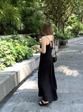 333sss~ 自然度假风黑色露背性感休闲吊带裙长裙连衣裙小个子夏季
