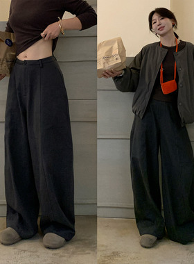 333sss~加厚加绒弯刀裤 灰色显瘦百搭休闲裤阔腿拖地裤子女冬