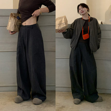 333sss~加厚加绒弯刀裤 灰色显瘦百搭休闲裤阔腿拖地裤子女冬