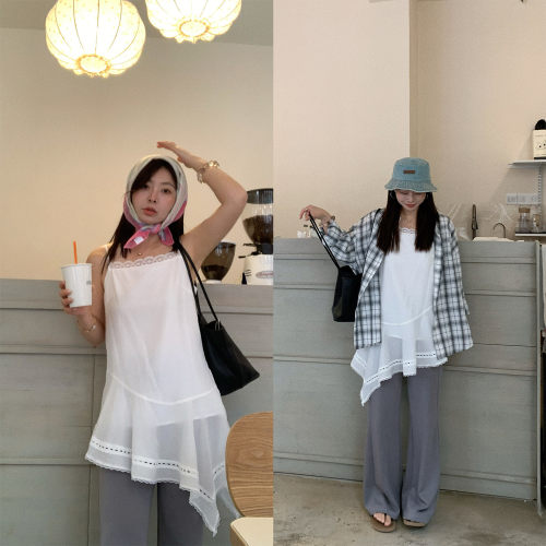 叠穿蕾丝拼接白色吊带连衣裙女