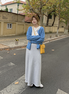 动心啊~ju显白~蓝色外穿韩版宽松慵懒毛衣针织开衫外套女短款冬季