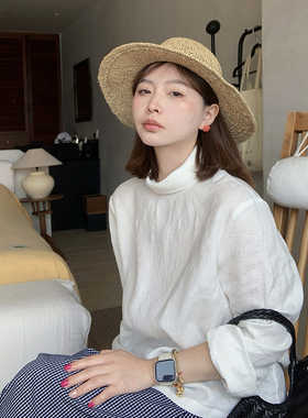 333sss 1oo亚麻！白色文艺复古气质宽松长袖半高领亚麻衬衫女衬衣