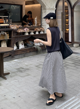 333sss日系feel复古松紧腰黑白格子半身裙a字长裙女夏小个子